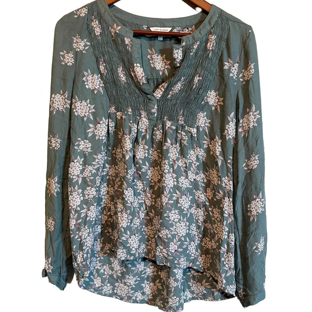 Lucky Brand Green Floral Smocked V-Neck Long Sleeve Boho Prairie Blouse Womens M